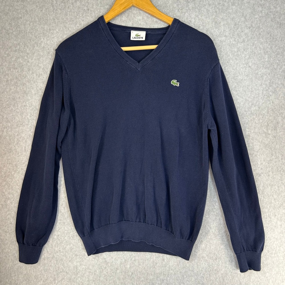 Lacoste‎ V-Neck Cotton Sweater Navy Blue Crocodile Logo Preppy Mens Size 3 Small
